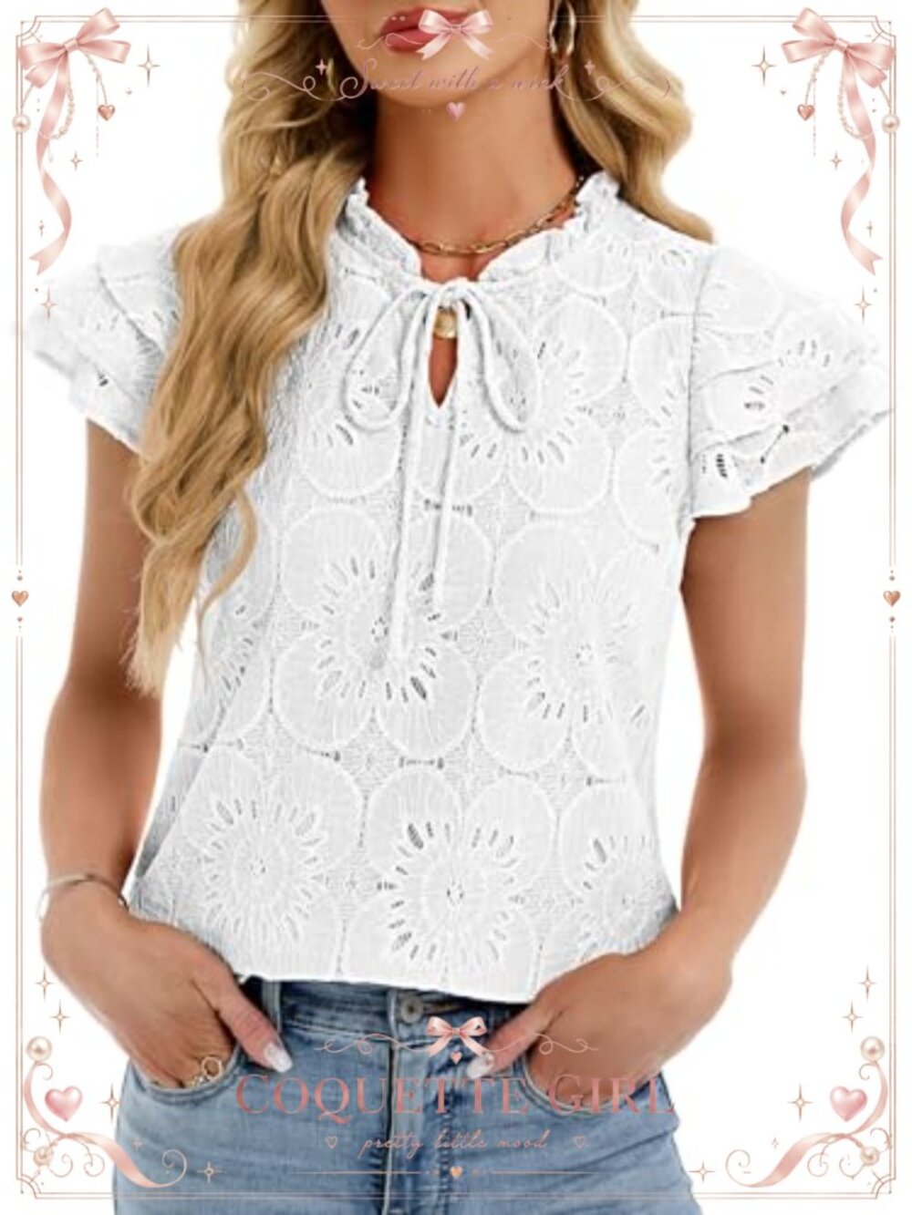 Funlingo Eyelet Blouse Ruffle Cap Sleeve V-Neck Crochet Lace Women's Top